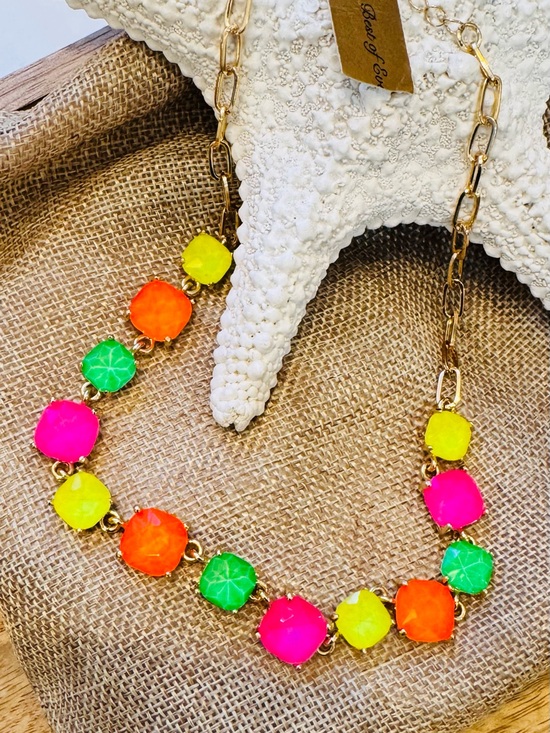 Jewelry - Gold Tone Neon Multi-Color Gemlink Statement Necklace- nwt